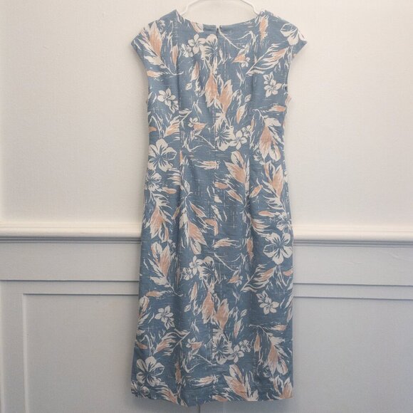 Majun Japan Floral Midi Dress M Blue White Peach Cap Sleeve Textured Vintage - Picture 2 of 4